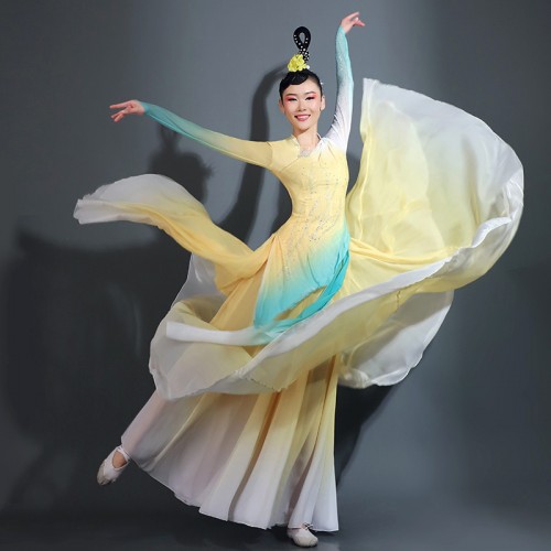 Women girls Yellow Chinese folk Classical dance costumes,fairy princess dance hanfu ancient umbrella dance dresses Han and Tang ancient dance costumes